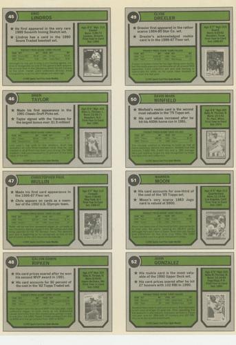 1992 SCD Sports Card Price Guide Monthly - Full Sheets #45-52 Eric Lindros / Brien Taylor / Chris Mullin / Cal Ripken Jr. / Clyde Drexler / Dave Winfield / Warren Moon / Juan Gonzalez Back