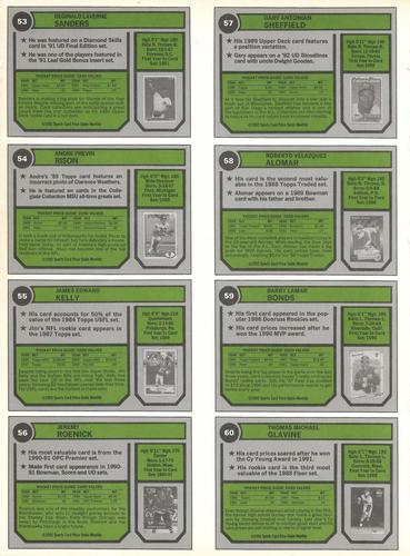 1992 SCD Sports Card Price Guide Monthly - Full Sheets #53-60 Reggie Sanders / Andre Rison / Jim Kelly / Jeremy Roenick / Gary Sheffield / Roberto Alomar / Barry Bonds / Tom Glavine Back