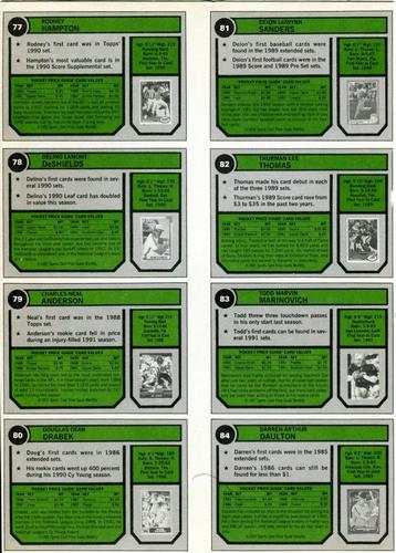 1992 SCD Sports Card Price Guide Monthly - Full Sheets #77-84 Rodney Hampton / Delino Deshields / Neal Anderson / Doug Drabek / Deion Sanders / Thurman Thomas / Todd Marinovich / Darren Daulton Back