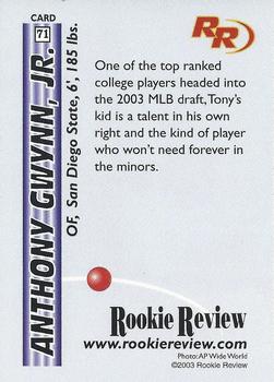 2003 Rookie Review #71 Anthony Gwynn, Jr. Back