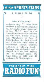 1956 Radio Fun British Sports Stars #7 Brian Statham Back