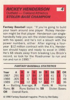 1990 Baseball Cards Presents Fantasy Baseball #4 Rickey Henderson Back