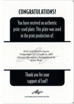 2019 Leaf Ultimate Sports - Ultimate Signatures Printing Plates Yellow #US-NR1 Nolan Ryan Back