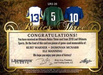 2019 Leaf Ultimate Sports - The Ultimate Relics 3 Red #UR3-20 Kurt Warner / Donovan McNabb / Eli Manning Back