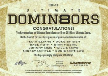2019 Leaf Ultimate Sports - Ultimate Domin8ors Relics Red #UD8-10 Ted Williams / Duke Snider / Babe Ruth / Stan Musial / Johnny Mize / Willie Mays / Mickey Mantle / Eddie Mathews Back