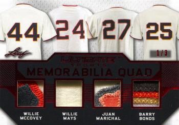2019 Leaf Ultimate Sports - Ultimate Memorabilia Quad Red #UQ-07 Willie McCovey / Willie Mays / Juan Marichal / Barry Bonds Front
