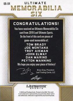 2019 Leaf Ultimate Sports - Ultimate Memorabilia 6 Purple #U6-04 Tom Brady / Joe Montana / Troy Aikman / John Elway / Dan Marino / Peyton Manning Back