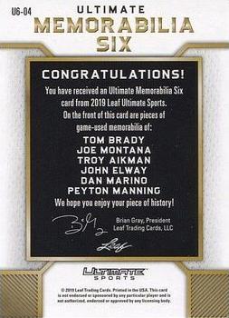 2019 Leaf Ultimate Sports - Ultimate Memorabilia 6 Gold #U6-04 Tom Brady / Joe Montana / Troy Aikman / John Elway / Dan Marino / Peyton Manning Back