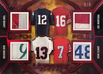 2019 Leaf Ultimate Sports - Ultimate Patch 4 Red #P4-03 Tom Brady / Joe Montana / Dan Marino / John Elway Front