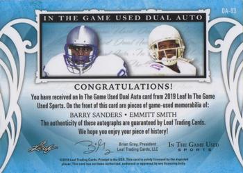 2019 Leaf In the Game Used - Dual Autographs Platinum Blue #DA-03 Barry Sanders / Emmitt Smith Back