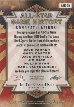 2019 Leaf In the Game Used - All-Star Game History 6 Relics #ASG-05 Dave Parker / Gary Carter / Dave Winfield / Jim Rice / Nolan Ryan / Carl Yastrzemski Back