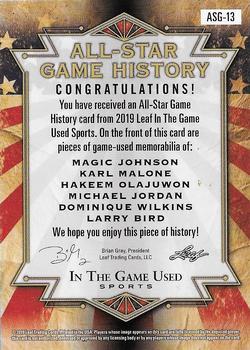 2019 Leaf In the Game Used - All-Star Game History 6 Relics Purple #ASG-13 Magic Johnson / Karl Malone / Hakeem Olajuwon / Michael Jordan / Dominique Wilkins / Larry Bird Back