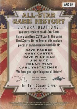 2019 Leaf In the Game Used - All-Star Game History 6 Relics Platinum Blue #ASG-05 Dave Parker / Gary Carter / Dave Winfield / Jim Rice / Nolan Ryan / Carl Yastrzemski Back