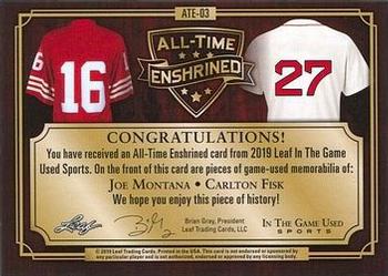 2019 Leaf In the Game Used - All-Time Enshrined Dual Relics Platinum Blue #ATE-03 Joe Montana/Carlton Fisk Back