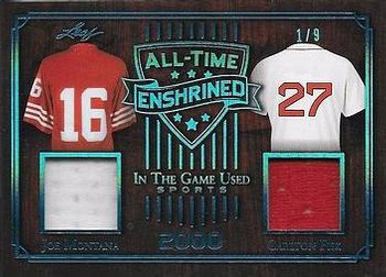 2019 Leaf In the Game Used - All-Time Enshrined Dual Relics Platinum Blue #ATE-03 Joe Montana/Carlton Fisk Front