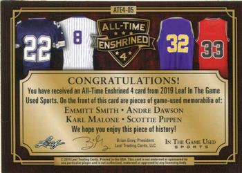 2019 Leaf In the Game Used - All-Time Enshrined 4 Relics #ATE4-05 Emmitt Smith / Andre Dawson / Karl Malone / Scottie Pippen Back