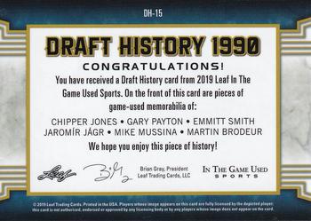 2019 Leaf In the Game Used - Draft History 6 Relics #DH-15 Chipper Jones / Gary Payton / Emmitt Smith / Jaromír Jágr / Mike Mussina / Martin Brodeur Back