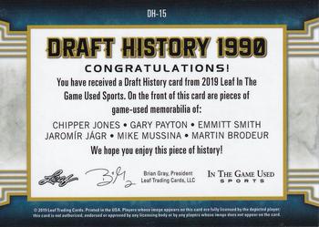 2019 Leaf In the Game Used - Draft History 6 Relics Purple #DH-15 Chipper Jones / Gary Payton / Emmitt Smith / Jaromír Jágr / Mike Mussina / Martin Brodeur Back