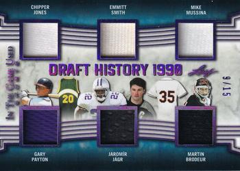 2019 Leaf In the Game Used - Draft History 6 Relics Purple #DH-15 Chipper Jones / Gary Payton / Emmitt Smith / Jaromír Jágr / Mike Mussina / Martin Brodeur Front