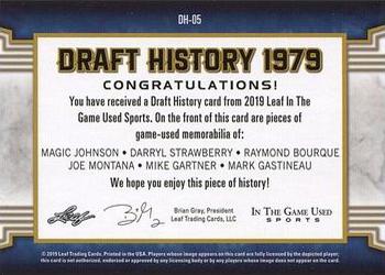 2019 Leaf In the Game Used - Draft History 6 Relics Magenta #DH-05 Magic Johnson / Darryl Strawberry / Raymond Bourque / Joe Montana / Mike Gartner / Mark Gastineau Back