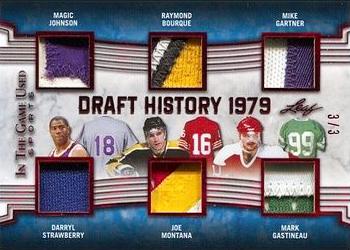 2019 Leaf In the Game Used - Draft History 6 Relics Red #DH-05 Magic Johnson / Darryl Strawberry / Raymond Bourque / Joe Montana / Mike Gartner / Mark Gastineau Front
