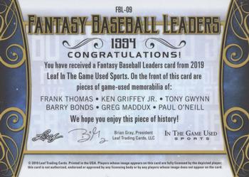 2019 Leaf In the Game Used - Fantasy Baseball Leaders 6 Relics #FBL-09 Frank Thomas / Ken Griffey Jr. / Tony Gwynn / Barry Bonds / Greg Maddux / Paul O'Neill Back