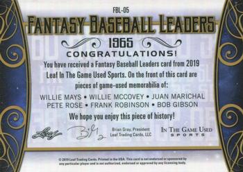 2019 Leaf In the Game Used - Fantasy Baseball Leaders 6 Relics Purple #FBL-05 Willie Mays / Willie McCovey / Juan Marichal / Pete Rose / Frank Robinson / Bob Gibson Back