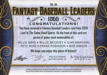 2019 Leaf In the Game Used - Fantasy Baseball Leaders 6 Relics Purple #FBL-06 Ted Williams / Mickey Mantle / Stan Musial / Willie Mays / Ernie Banks / Eddie Mathews Back