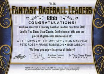 2019 Leaf In the Game Used - Fantasy Baseball Leaders 6 Relics Platinum Blue #FBL-05 Willie Mays / Willie McCovey / Juan Marichal / Pete Rose / Frank Robinson / Bob Gibson Back