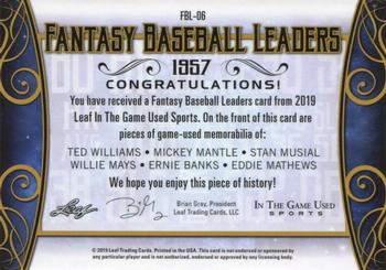 2019 Leaf In the Game Used - Fantasy Baseball Leaders 6 Relics Red #FBL-06 Ted Williams / Mickey Mantle / Stan Musial / Willie Mays / Ernie Banks / Eddie Mathews Back
