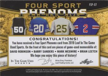 2019 Leaf In the Game Used - Four Sport Phenoms Quad Relics #FSP-07 David Robinson / Barry Sanders / Mark McGwire / Brian Leetch Back