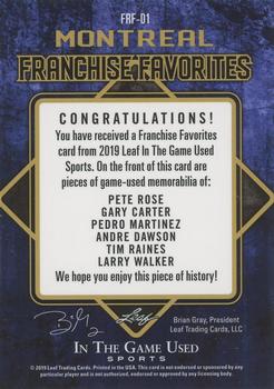 2019 Leaf In the Game Used - Franchise Favorites 6 Relics Purple #FRF-01 Pete Rose / Gary Carter / Pedro Martinez / Andre Dawson / Tim Raines / Larry Walker Back