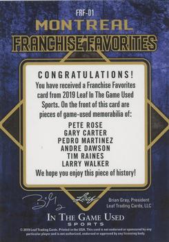 2019 Leaf In the Game Used - Franchise Favorites 6 Relics Red #FRF-01 Pete Rose / Gary Carter / Pedro Martinez / Andre Dawson / Tim Raines / Larry Walker Back