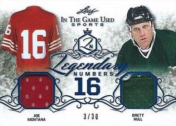 2019 Leaf In the Game Used - Legendary Numbers Dual Relics #LN-16 Joe Montana / Brett Hull Front