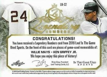 2019 Leaf In the Game Used - Legendary Numbers Dual Relics #LN-22 Willie Mays / Ken Griffey Jr. Back