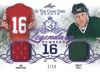 2019 Leaf In the Game Used - Legendary Numbers Dual Relics Purple #LN-16 Joe Montana / Brett Hull Front