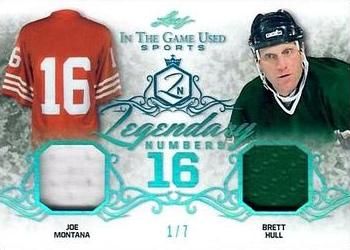 2019 Leaf In the Game Used - Legendary Numbers Dual Relics Platinum Blue #LN-16 Joe Montana / Brett Hull Front