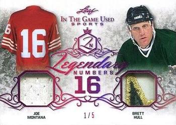 2019 Leaf In the Game Used - Legendary Numbers Dual Relics Magenta #LN-16 Joe Montana / Brett Hull Front