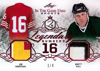 2019 Leaf In the Game Used - Legendary Numbers Dual Relics Red #LN-16 Joe Montana / Brett Hull Front