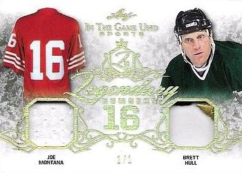 2019 Leaf In the Game Used - Legendary Numbers Dual Relics Gold #LN-16 Joe Montana / Brett Hull Front