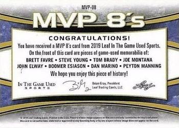 2019 Leaf In the Game Used - MVP 8's Relics #MVP-08 Brett Favre / Steve Young / Tom Brady / Joe Montana / John Elway / Boomer Esiason / Dan Marino / Peyton Manning Back