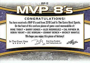 2019 Leaf In the Game Used - MVP 8's Relics #MVP-10 Mike Trout / Barry Bonds / Alex Rodriguez / Cal Ripken Jr. / Robin Yount / Joe Morgan / Johnny Bench / Mickey Mantle Back