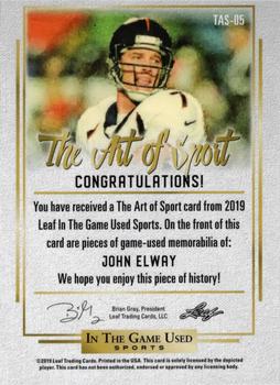 2019 Leaf In the Game Used - The Art of Sport Triple Relics #TAS-JE1 John Elway Back