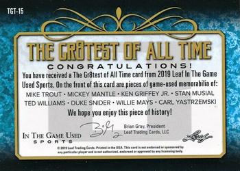 2019 Leaf In the Game Used - The Gr8est of All-Time 8 Relics #TGT-15 Mike Trout / Mickey Mantle / Ken Griffey Jr. / Stan Musial / Ted Williams / Duke Snider / Willie Mays / Carl Yastrzemski Back