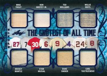 2019 Leaf In the Game Used - The Gr8est of All-Time 8 Relics #TGT-15 Mike Trout / Mickey Mantle / Ken Griffey Jr. / Stan Musial / Ted Williams / Duke Snider / Willie Mays / Carl Yastrzemski Front