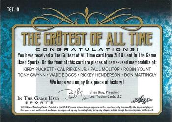 2019 Leaf In the Game Used - The Gr8est of All-Time 8 Relics Purple #TGT-10 Kirby Puckett / Cal Ripken Jr. / Paul Molitor / Robin Yount / Tony Gwynn / Wade Boggs / Rickey Henderson / Don Mattingly Back