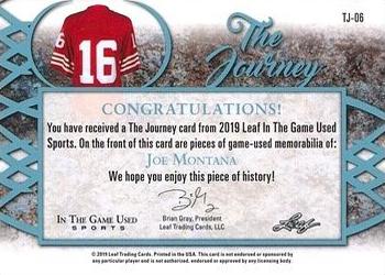 2019 Leaf In the Game Used - The Journey Dual Relics Purple #TJ-06 Joe Montana Back