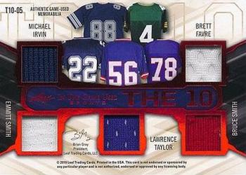 2019 Leaf In the Game Used - The 10 Relics Red #T10-05 Walter Payton / Barry Sanders / Joe Montana / Dan Marino / Randy Moss / Michael Irvin / Brett Favre / Emmitt Smith / Lawrence Taylor / Bruce Smith Back