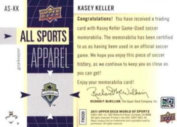 2011 Upper Deck World of Sports - All Sports Apparel Autograph #AS-KK Kasey Keller Back