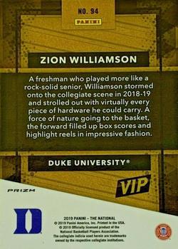 2019 Panini National Convention VIP Gold Packs - Red, White & Blue Prizm #94 Zion Williamson Back